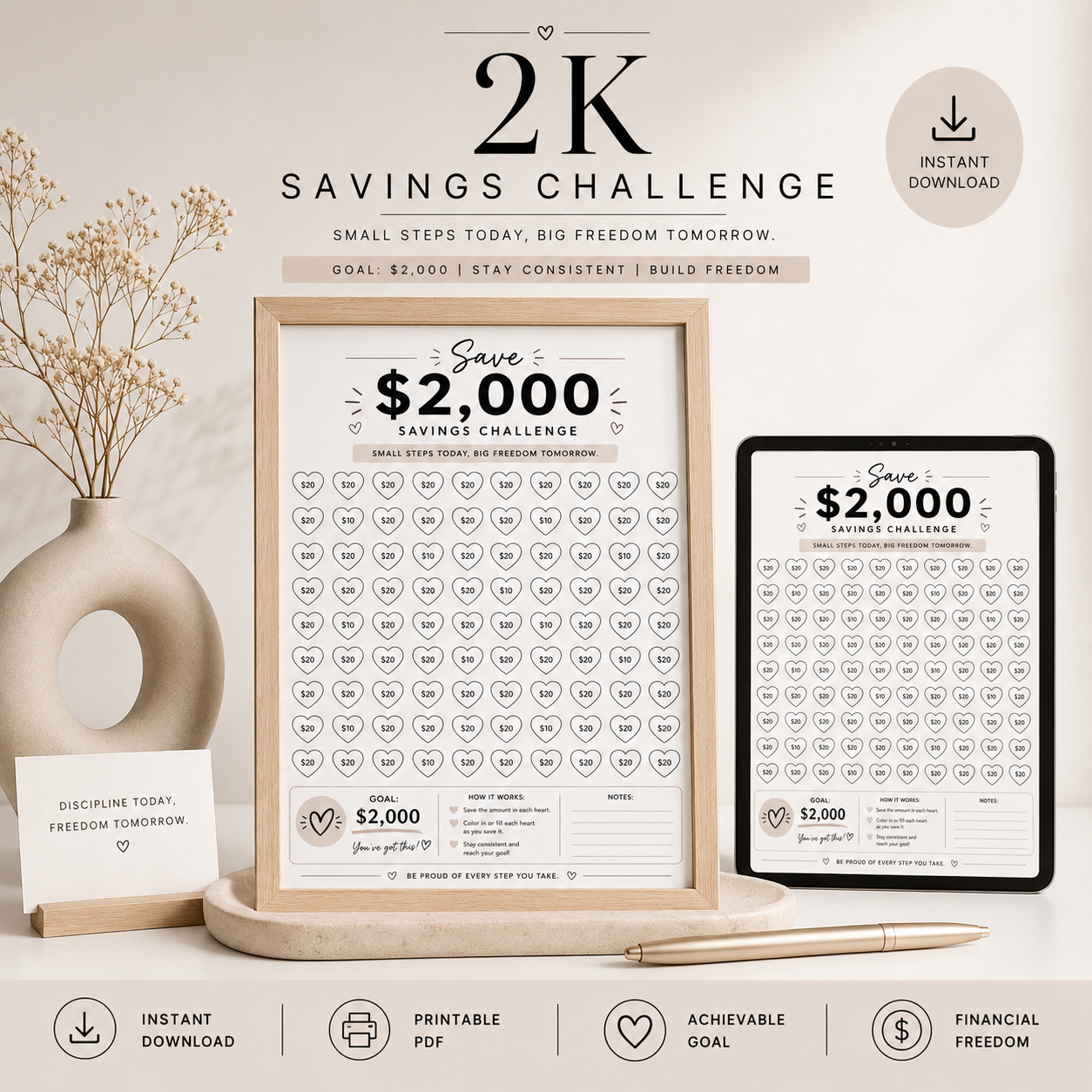 $2,000 Savings Challenge Printable | Money Saving Tracker | Budget Planner | 2K Savings Goal | Instant Download PDF